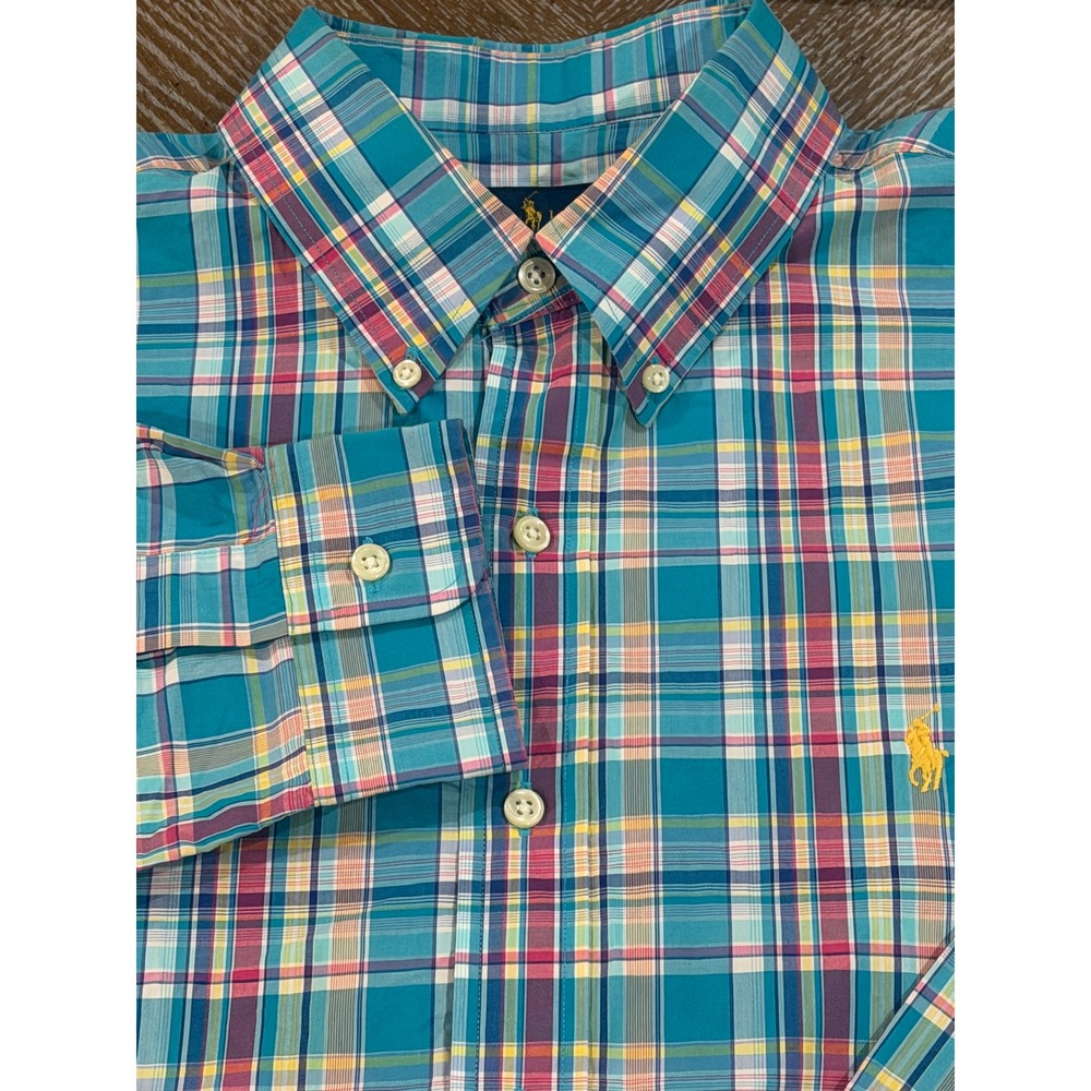 Polo Ralph Lauren Mens Large Turquoise Plaid Button Down Shirt Long Sleeve Pony